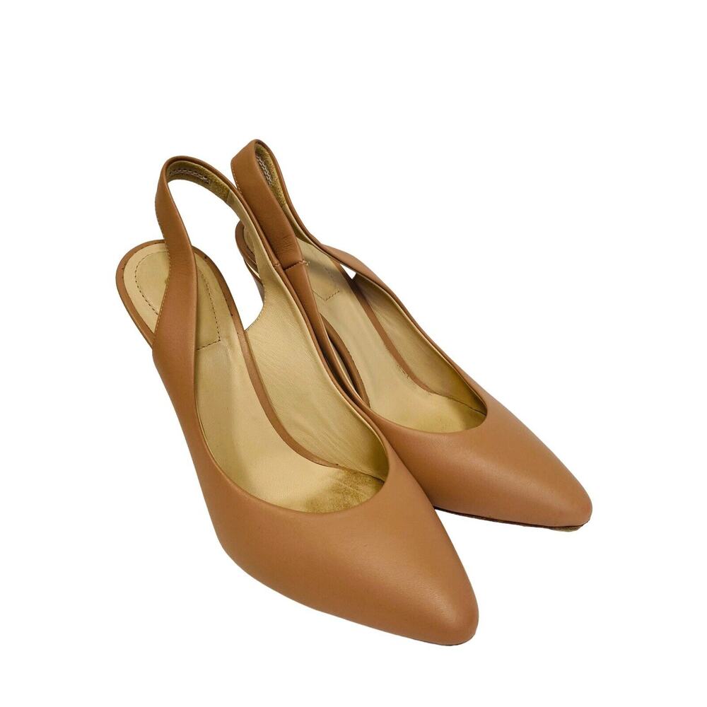 CHLOE $750 Nude Beige Leather Slingback Gold Trim Block Heel Pumps Size 36 US 6 - Picture 6 of 7